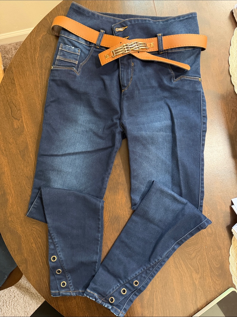 Women's Straight Leg Dark Navy Jeans with Ankle Eyelet Detail